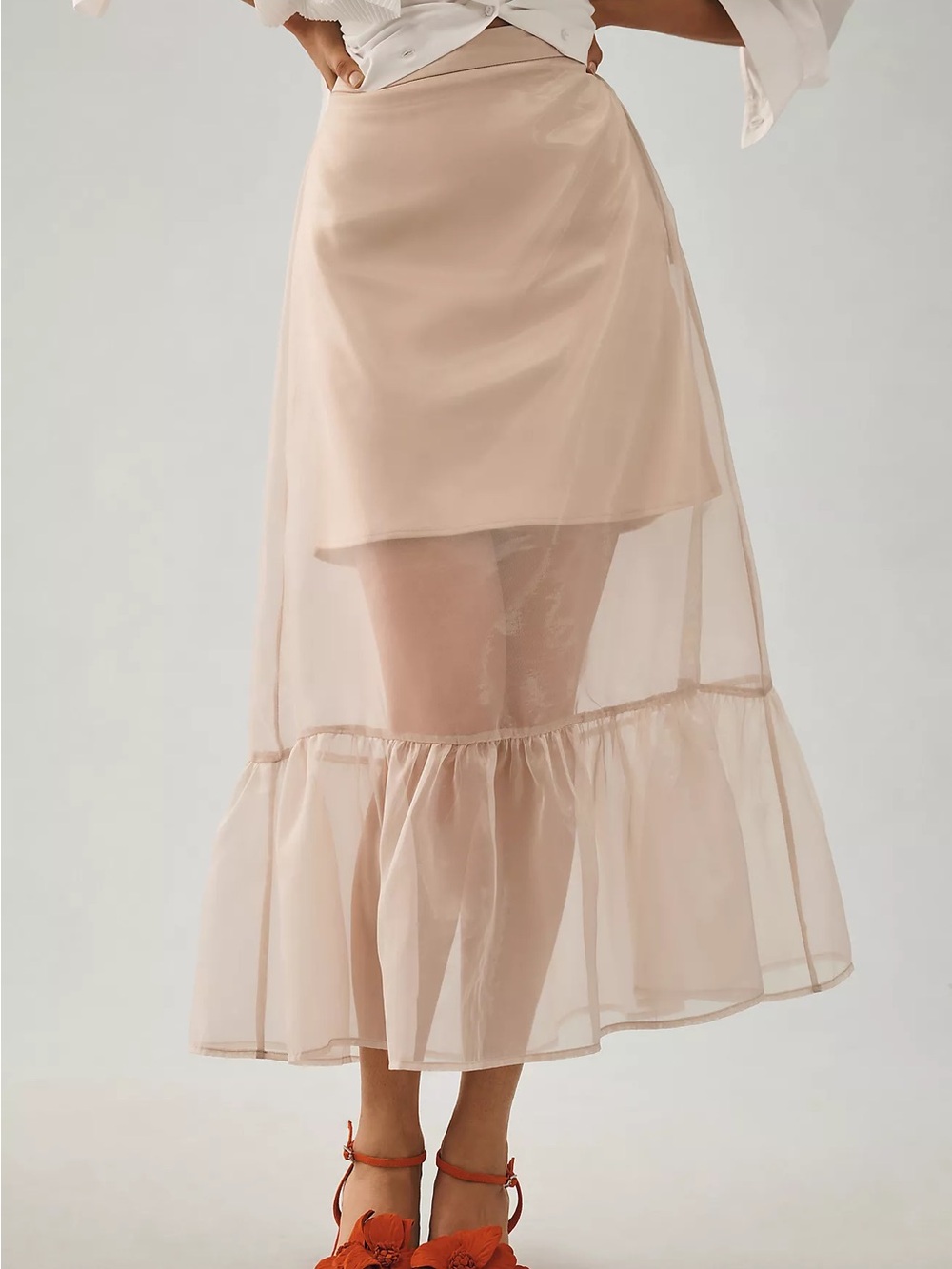 Anthropologie Blush Sheer Ruffle Maxi Skirt